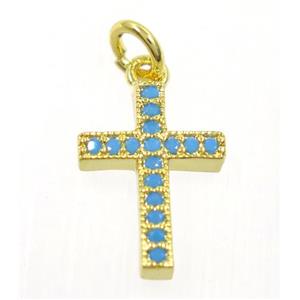 copper cross pendant paved zircon, gold plated, turq, approx 10x14mm [FDZN3656]