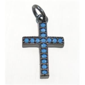 copper cross pendant paved zircon, black plated, turq, approx 10x14mm [FDZN3657]
