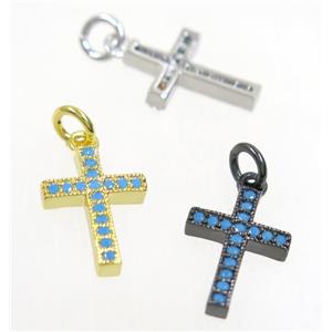 copper cross pendant paved zircon, mix color, turq, approx 10x14mm [FDZN3658]