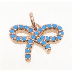 copper Bowknot pendant paved zircon, rose gold, turq, approx 10-14mm [FDZN3664]
