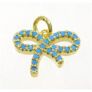 copper Bowknot pendant paved zircon, gold plated, turq, approx 10-14mm [FDZN3666]