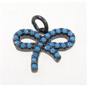 copper Bowknot pendant paved zircon, black plated, turq, approx 10-14mm [FDZN3667]