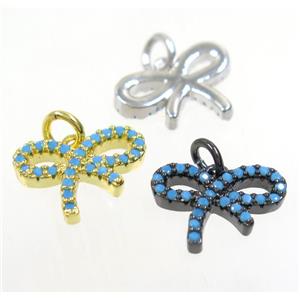 copper Bowknot pendant paved zircon, mix color, turq, approx 10-14mm [FDZN3668]