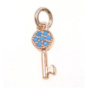 copper Key pendant paved zircon, rose gold, turq, approx 5-11mm [FDZN3669]