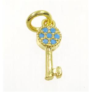 copper Key pendant paved zircon, gold plated, turq, approx 5-11mm [FDZN3671]