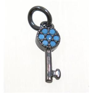 copper Key pendant paved zircon, black plated, turq, approx 5-11mm [FDZN3672]