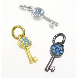 copper Key pendant paved zircon, mix color, turq, approx 5-11mm [FDZN3673]