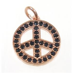 copper Peace Sign pendant paved zircon, rose gold, approx 14mm dia [FDZN3684]