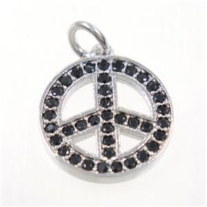 copper Peace Sign pendant paved zircon, platinum plated, approx 14mm dia [FDZN3685]