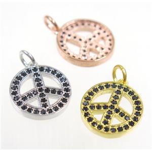 copper Peace Sign pendant paved zircon, mix color, approx 14mm dia [FDZN3687]