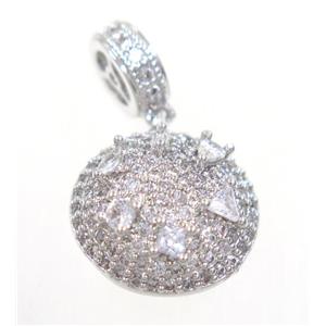 copper pendant paved zircon, platinum plated, approx 14mm dia [FDZN3689]