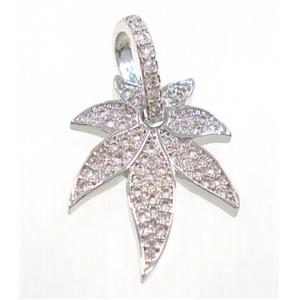 copper leaf pendant paved zircon, platinum plated, approx 15x19mm [FDZN3699]