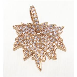 copper Maple Leaf pendant paved zircon, rose gold, approx 18-19mm [FDZN3703]