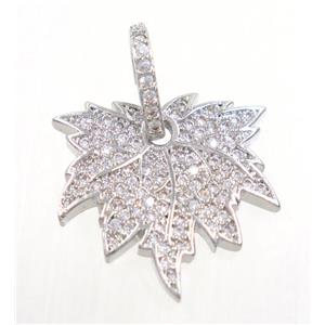copper Maple Leaf pendant paved zircon, platinum plated, approx 18-19mm [FDZN3704]
