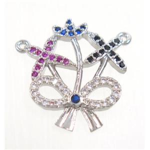 copper flower pendant paved zircon with 2loops, platinum plated, approx 15-18mm [FDZN3709]