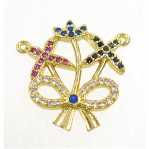 copper flower pendant paved zircon with 2loops, gold plated, approx 15-18mm [FDZN3710]
