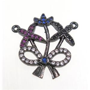 copper flower pendant paved zircon with 2loops, black plated, approx 15-18mm [FDZN3711]