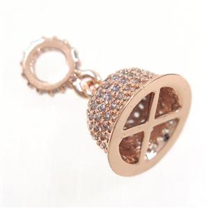 copper Bell pendant paved zircon, tassel bail, rose gold, approx 8-13mm [FDZN3718]