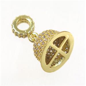 copper Bell pendant paved zircon, tassel bail, gold plated, approx 8-13mm [FDZN3720]