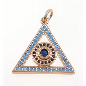 copper Triangle pendant paved zircon with evil eye, rose gold, approx 17-20mm [FDZN3722]