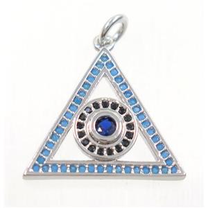 copper Triangle pendant paved zircon with evil eye, platinum plated, approx 17-20mm [FDZN3723]