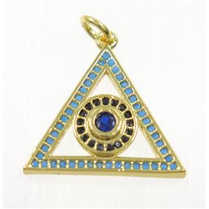 copper Triangle pendant paved zircon with evil eye, gold plated, approx 17-20mm [FDZN3724]