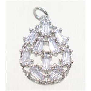 copper teardrop pendant paved zircon, platinum plated, approx 15x20mm [FDZN3733]