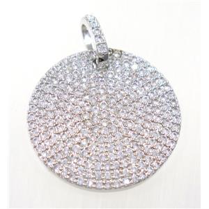 copper circle pendant paved zircon, platinum plated, approx 25mm dia [FDZN3743]