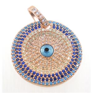 copper circle pendant paved zircon with evil eye, rose gold, approx 25mm dia [FDZN3747]