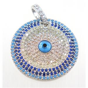copper circle pendant paved zircon with evil eye, platinum plated, approx 25mm dia [FDZN3748]