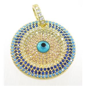 copper circle pendant paved zircon with evil eye, gold plated, approx 25mm dia [FDZN3749]