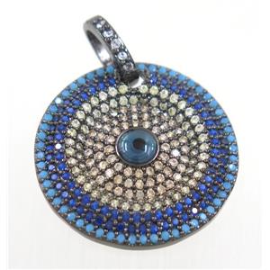 copper circle pendant paved zircon with evil eye, black plated, approx 25mm dia [FDZN3750]