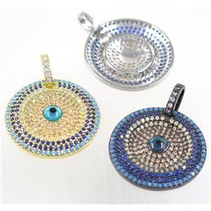 copper circle pendant paved zircon with evil eye, mix color, approx 25mm dia [FDZN3751]