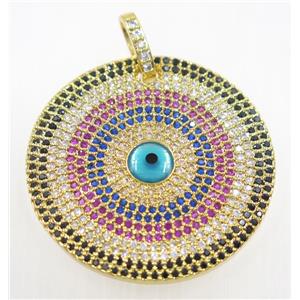 copper circle pendant paved zircon with evil eye, gold plated, approx 33mm dia [FDZN3753]