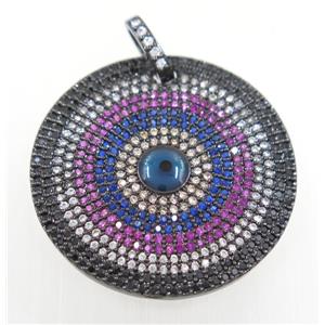 copper circle pendant paved zircon with evil eye, black plated, approx 33mm dia [FDZN3754]