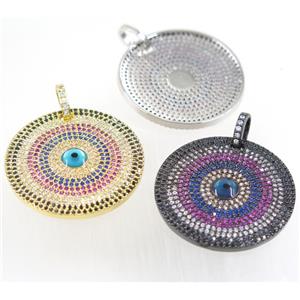 copper circle pendant paved zircon with evil eye, mix color, approx 33mm dia [FDZN3755]