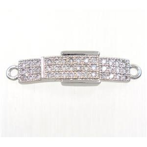 copper Buckle connector paved zircon, platinum plated, approx 6x20mm [FDZN3762]