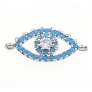 copper Evil Eye connector paved zircon, platinum plated, turq, approx 9-14mm [FDZN3777]
