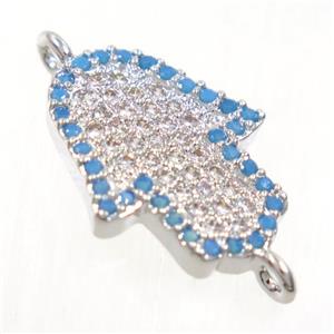 copper Hamsahand connector paved zircon, platinum plated, approx 12x16mm [FDZN3787]
