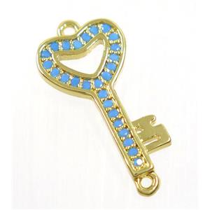 copper key connector paved zircon, gold plated, turq, approx 11-19mm [FDZN3798]