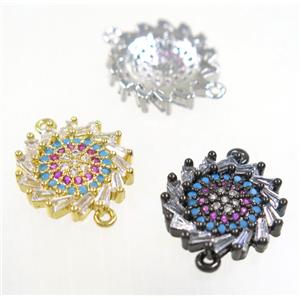 copper sunflower connector paved zircon, mix color, approx 14mm dia [FDZN3805]