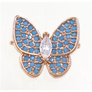 copper butterfly connector paved zircon, turq, rose gold, approx 13-14mm [FDZN3853]