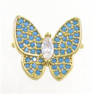 copper butterfly connector paved zircon, turq, gold plated, approx 13-14mm [FDZN3855]