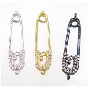copper safety pin connector paved zircon, mix color, approx 7-27mm [FDZN3875]