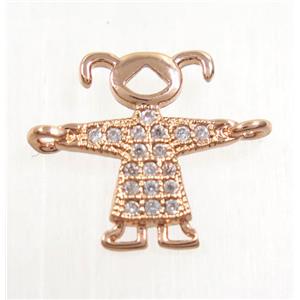 copper girls connector paved zircon, rose gold, approx 10x12mm [FDZN3891]