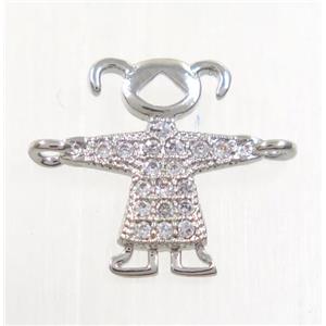 copper girls connector paved zircon, platinum plated, approx 10x12mm [FDZN3892]