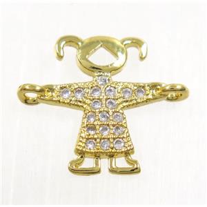 copper girls connector paved zircon, gold plated, approx 10x12mm [FDZN3893]