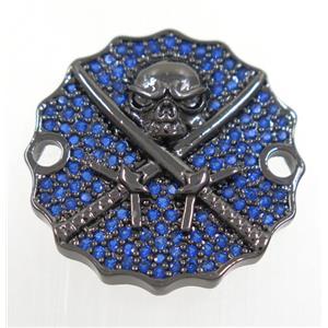 copper Jolly Roger connector paved blue zircon, black plated, approx 22mm dia [FDZN3914]