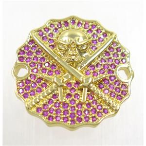 copper Jolly Roger connector paved hotpink zircon, gold plated, approx 22mm dia [FDZN3918]