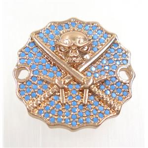 copper Jolly Roger connector paved zircon, rose plated, turq, approx 22mm dia [FDZN3921]